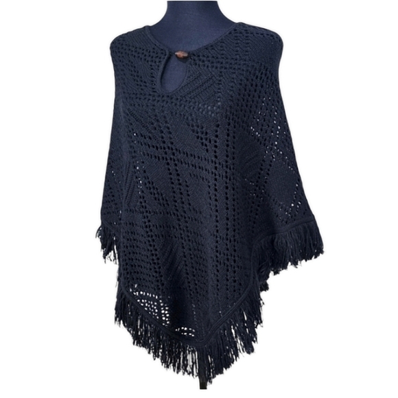 A.L.C Womens Black Open Weave Fringe Boho Poncho Sweater Sz OS Lightweight Chic - Picture 3 of 13
